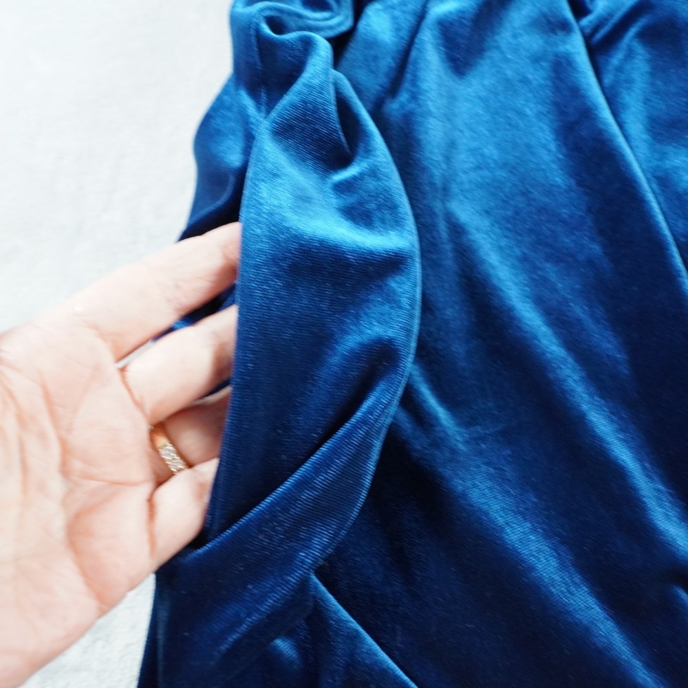 La Cera Womens Velour Bathrobe XL Blue Nightgown Kaftan Smocked Pockets Cozy - Picture 6 of 14